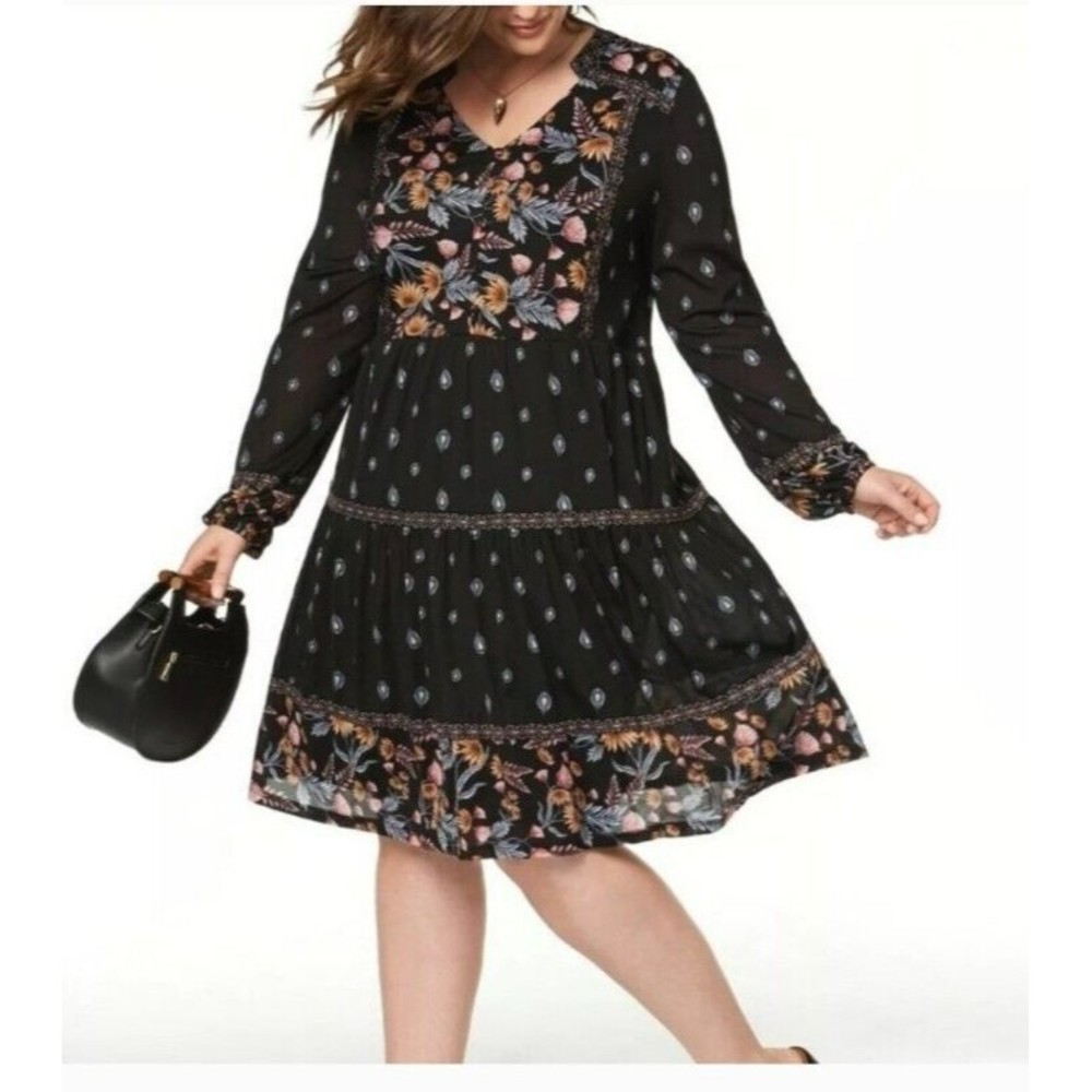 Style & Co. V-Neck Mixed-Print Chic Peasant Lining Dress Size Large